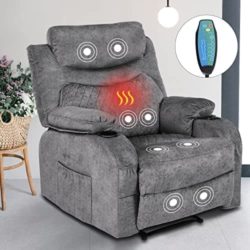 Comermax Oversized Massage Recliner Chairs with Heat Overstuffed Manual Recliners with Cup Holders Heated Massaging Fabric Reclining Lounge Chair Single Sofa for Adults, Light Gray