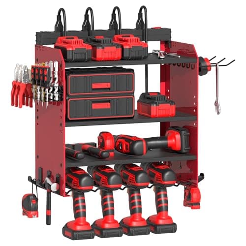 Power Tool Organizer Wall Mount with Charging Station, Garage 4 Drill Storage Shelf with Cordless Tool Holder, Heavy Duty Rack with 8 Outlet Power Strips and Hooks, Gift for Men, Husband (4 Layer)