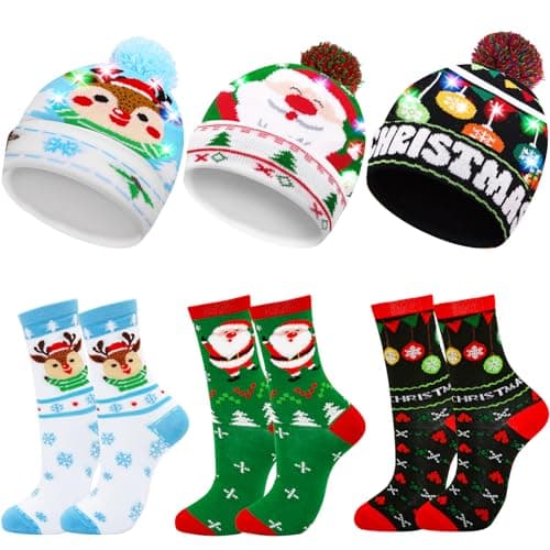 MGparty Christmas Hats Socks Winter LED Costume Light Up Beanie Knit Hat Crew Sock Holiday Party Favors for Adults Kids