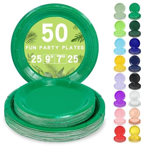 LANLISA 50 Pcs Green Paper Plates Disposable, 25-9" & 25-7" Disposable Birthday Cake Dessert Plates For St Patricks Day, Christmas Holiday Party Supplies