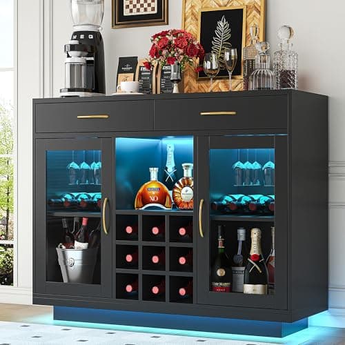 knoworld Wine Bar Cabinet with LED Lights, Coffee Bar Cabinet with Wine and Glass Rack, Black Bar Cabinet Liquor Cabinet, Kitchen Buffet Sideboard with Storage for Living Room, Dining Room