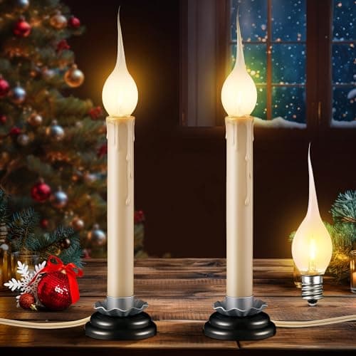 Enhon 2 Pack Rustic Country Candle Lights with Replacement Silicone Bulb, C7 0.6W Electric LED Christmas Window Candles Plug in, UL Certification Warm White Candlestick Lamp, 5 FT Cord, On/Off Switch