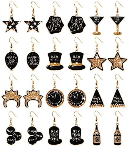 9/12Pairs Happy New Year Earrings for Women, 2023 Year Earrings Glitter Star Hat Clock Earrings Holiday New Year’s Eve Earrings Festive Party Accessory Jewelry Gifts (12 Pairs B)