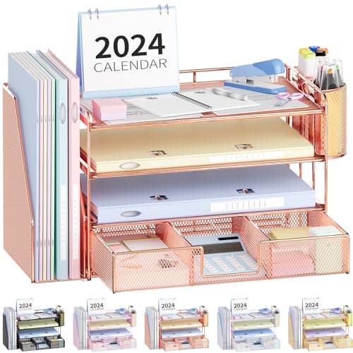 OPNICE Desk Organizers and Accessories, Desk Accessories & Workspace Organizers for Office Supplies, File Organizer Desk Drawer Organizer with 2 Pen Holders, 4 Tier Paper Organizer for Desk(Rose Gold)