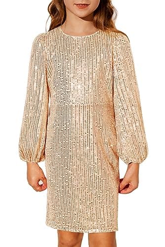 GRACE KARIN Gold Dresses for Girls Sparkly Bodycon Long Sleeve Sequin Party Midi Dress,10-12 Years