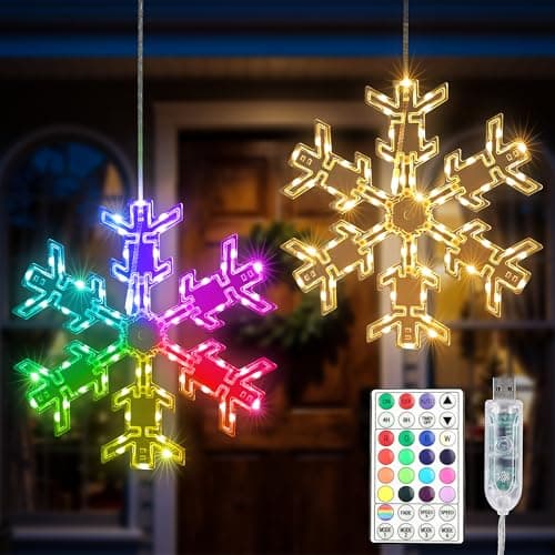 ODEETRONIC Snowflake Window Silhouette Lights, 2 Packs 12" Folding RGB Christmas Window Hanging Lights with Remote, 61 Mode Color Changing Christmas Snowflakes Light for Xmas Indoor Outdoor Eave Decor