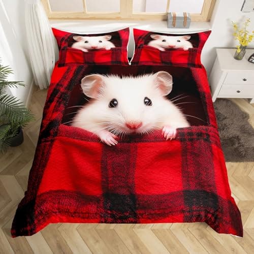 White Hamster Comforter Cover Child Kids,Red Lattice Background Bedding Set Boys Girls,Cute Animals Lovely Pet Duvet Cover Teens Youth,Soft and Warm Home Room Dormitory Decoration Twin Size