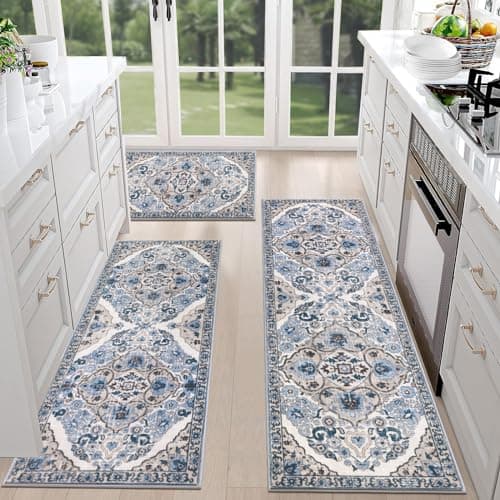 HEBE Farmhouse Kitchen Rugs Sets of 3 Non Slip Washable Kitchen Rugs and Mats Boho Kitchen Mats for Floor Kitchen Runner Rug Kitchen Carpet Rug Runner for Hallways Kitchen Laundry