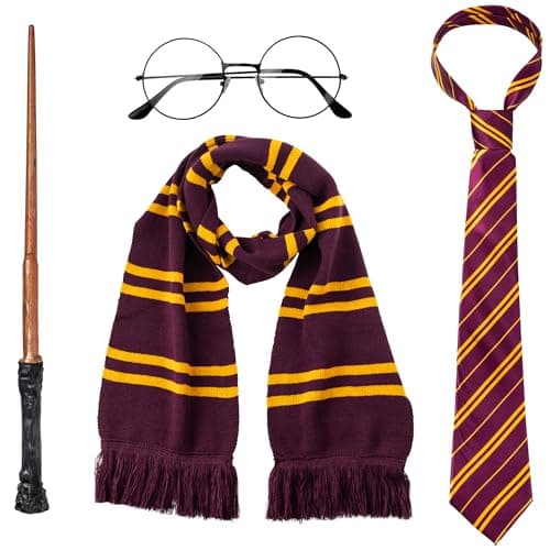 Spooktacular Creations Wizard Costume Accessories Set with Glasses, Tie, Wand and Scarf for Kids Adults Girls Boys Halloween Dress-up Party Cosplay Accessories