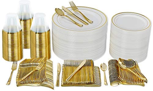 Prestee 600-piece Disposable Party Dinnerware Set for 100 Guests - Gold Dinnerware Sets Disposable with Plates, Cups, Knives, Forks, Spoons - Elegant Reusable Wedding Reception and Events Supplies