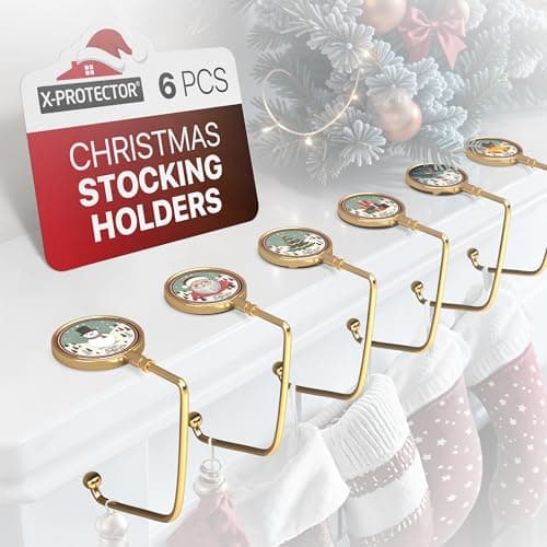 Best Stocking Holders #4 from X-Protector X-Protector Stocking Holders for Mantle - 6 PCS - Premium Christmas Stocking Holder with Non-Slip Bottom - Golden Stocking Hangers for Mantel - Stocking Hooks with Stickers on Top - Merry Christmas!