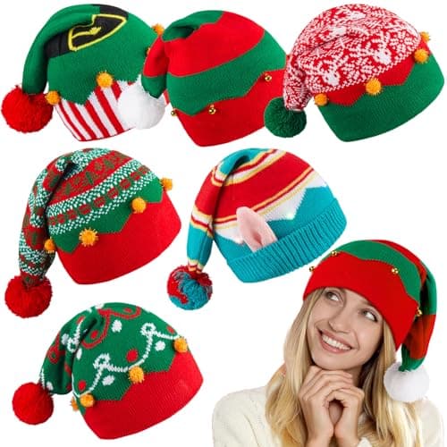 Funtery 6 Pcs Christmas Knitted Elf Hats Bulk Crochet Santa Hats Adults Holiday Beanies for Women Men Family(Assorted Style)