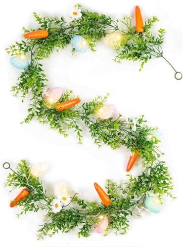 N&T NIETING Easter Garland 6 FT Easter Artificial Garlands with 10 Glowing Easter Eggs & 6 Easter Carrots, Spring Floral Garland Decor for Home Kitchen Fireplace Indoor Outdoor Holiday Party