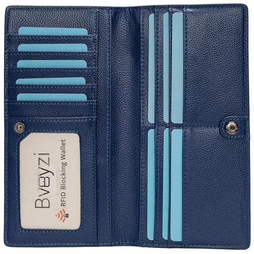 Bveyzi Ultra Slim Thin Leather RFID Blocking Credit Card Holder Bifold Clutch Wallets for Women (Navy Blue)