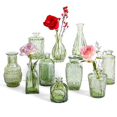 PURVONNIE Vintage Small Glass Vases Set of 10,Mini Bud Vases for Flowers,Amber Glass Vases for Centerpieces,Wedding Decorations,Home Table Flower Decor (Hunt Green)