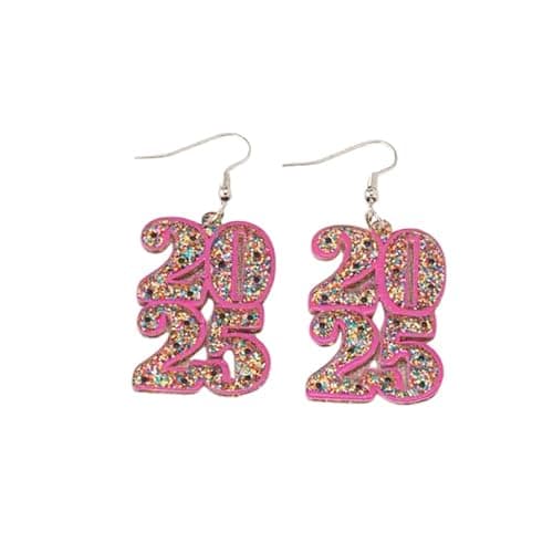 Happy New Year Earrings Glitter Colorful Acrylic 2025 Letters Holiday Earrings For New Year’s Eve Christmas Gifts For Women Men-pink