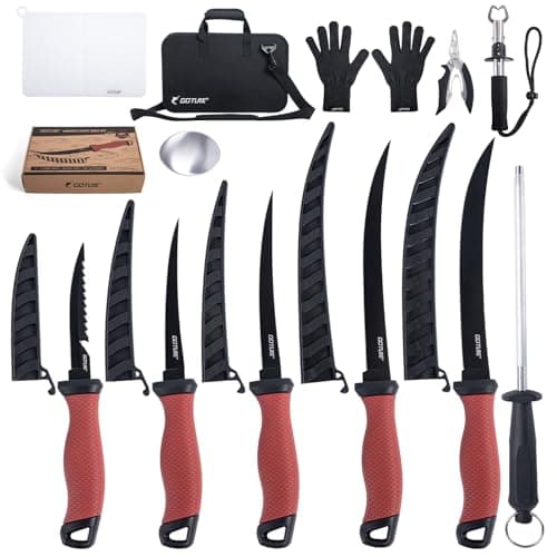 Goture Fillet Knife Fishing Kit,Bait Knife and Filet Knives with Sheath,Sharpening Rod,Fish Lip Gripper,Fishing Pliers,Cutting Board,Gloves,Stainless Steel Soap,Portable Storage Bag,Gifts for Men