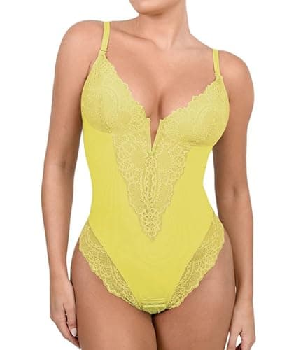 Popilush Shapewear Bodysuit for Women V Neck Sleeveless Lace Corset Tops Tummy Control Body Shaper Yellow M