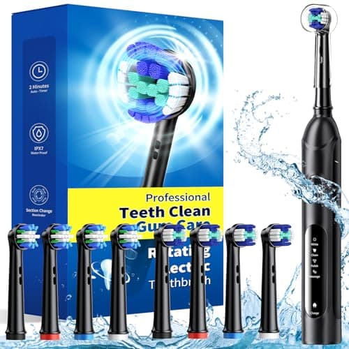 TEETHEORY Rotating Electric Toothbrush for Adults with 8 Brush Heads (2 Types), 4 Modes Deep Clean Electric Toothbrush with Rechargeable Power and 2 Min Smart Timer (1- Black, p1)