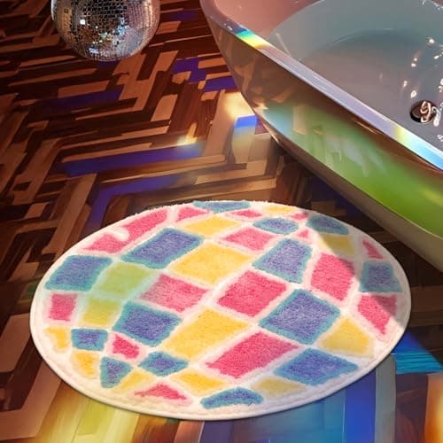 Percozzi 80's Disco Ball Bathroom Rug 25.5" Round Colorful Retro Funny Tufted Area Mat with Non-Slip Backing Tufted Rug Bath Mat for Vintage Home Rug Gift for Disco Lover