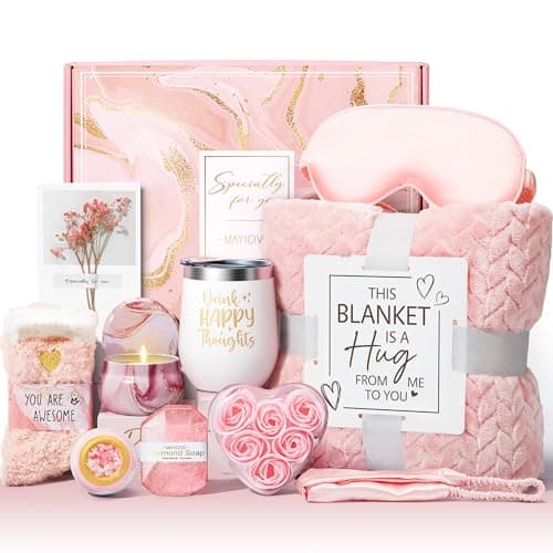 Birthday Gifts for Women Self Care Gifts Get Well Soon Gifts, Rose Relaxing Spa Gifts Basket Care Package w/ Luxury Flannel Blanket, Unique Valentines Day Gifts for Her Mom Friend Daughter Sister Wife