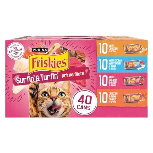 Purina Friskies Gravy Wet Cat Food Variety Pack, Surfin’ and Turfin’ Prime Filets Favorites - (Pack of 40) 5.5 oz. Cans