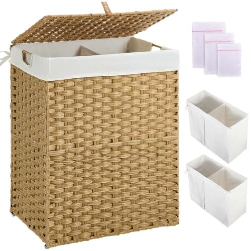 Greenstell Laundry Hamper with lid, No Install Needed, 110L Wicker Laundry Baskets Foldable 2 Removable Liner Bags, 2 Section Clothes Hamper Handwoven Rattan Laundry Basket with Handles, Natural