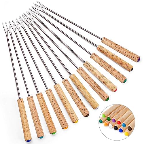 Set of 12 Stainless Steel Fondue Forks, 9.5 Inches Cheese Fondue Sticks Smore Sticks with Wooden Handle Heat Resistant for Chocolate Fountain Cheese Fondue Roast Marshmallows Fruits