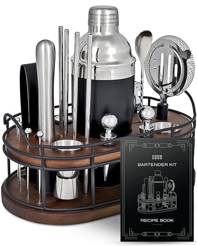 Home Hero Elegant 22-Piece Bartender Kit with Wooden Stand, Premium Bar Set & Cocktail Shaker, Gift for Home Bar and Cocktail Enthusiasts, Essential Bar Accessories with Recipe Book (22 Pcs - Silver)