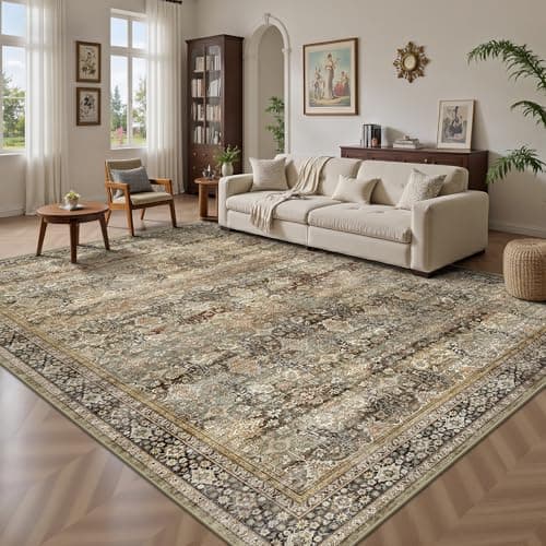 Yarooge 8x10 Area Rugs for Living Room - Washable Vintage Retro Large Rug, Soft Ultra Thin Non Slip Low Pile Traditional Distressed Boho Carpet for Bedroom Dining Room Home Office, Olive Charcoal