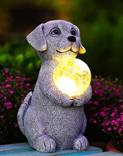 Tiejiajiang Dog Garden Statues - 8.4 Dog Decor with Gazing Ball LED Lights, Unique Gifts for Mom Grandma Birthdays, Outdoor Decor for Outside Lawn Porch Patio (Gray)