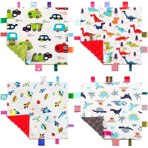 Breling 4 Pcs Baby Tags Security Blankets for Baby Comfort with Colorful Tags Soothing Towel Animal Bed Blanket, 9.5 x 9.5 Inch (Adorable Patterns)