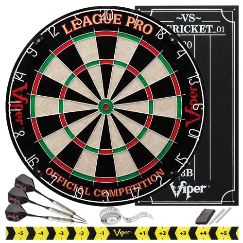 Viper League Pro Regulation Bristle Steel Tip Dartboard Starter Set with Staple-Free Bullseye, Radial Spider Wire, High-Grade Sisal with Rotating Number Ring, Chalk Cricket Scoreboard, Steel Tip Darts