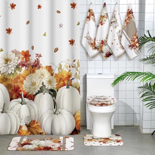 Honoson 8 Pcs Thanksgiving Shower Curtain Set Fall Bathroom Sets with Rugs and Kitchen Towels Autumn Harvest Pumpkins Maple Leaf Yellow Floral Watercolor Fabric with Hooks Housewarming Gifts Decor