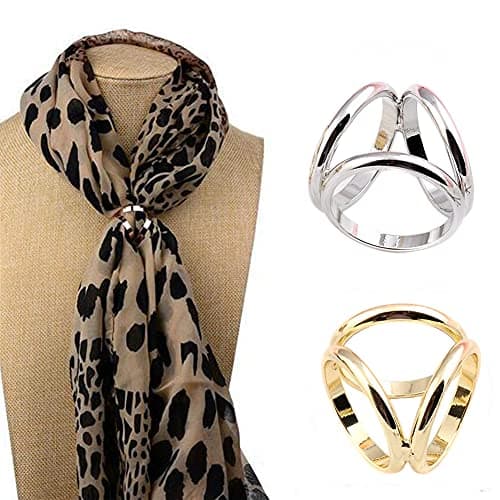 2Pcs Women Three Rings Silk Scarves Clip Fashion Scarves Buckle Scarf Ring Wrap Holder Clamp (Silver+Golden)