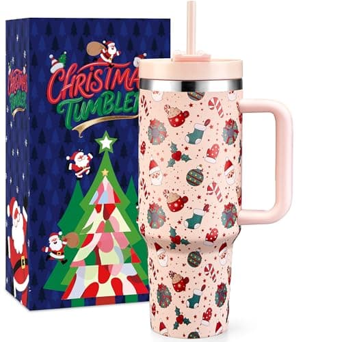 TaroKitc 40 oz Christmas Tumbler with Handle and Straw, Xmas Insulated Stainless Steel Travel Coffee Mug, Cup Holder Friendly, Christmas Gifts for Women Men, Rose Quartz Santa Claus Star