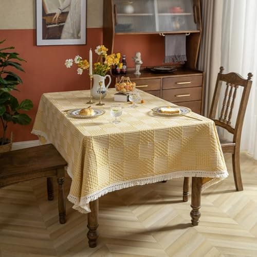 Homxi Rectangle Table Cloth Modern 47 W x 62 L,Tableclothes for Table Yellow Geometric Embroidery with Tassels Polyester Indoor Outdoor Table Cloth