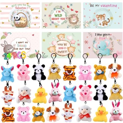 24 Pack Valentines Day Animal Plush Keychain with Valentines Cards, Stress Relief Plush Toy Animal Key Chain Set for Kids Valentine's Classroom Gift Exchange, School Rewards, Party Favors Supplies