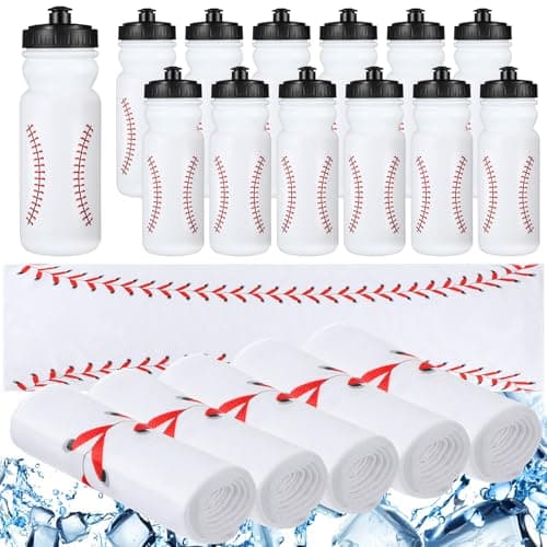 HunnmingRe 24 Pcs Sport Party Favors Include 12 Pcs 20 oz Plastic Soccer Football Basketball Water Bottles Bulk 12 Pcs 40"x12" Softball Baseball Cooling Towels for Soccer Sport Team Gift(Baseball)