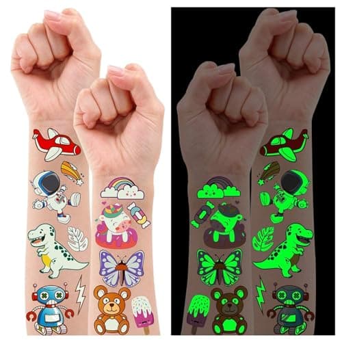 Partywind 380 Styles (30 Sheets) Luminous Tattoos for Kids, Mixed Styles Temporary Tattoos Stickers with Mermaid/Dinosaur/Space/Pirate for Boys and Girls, Glow Party Supplies