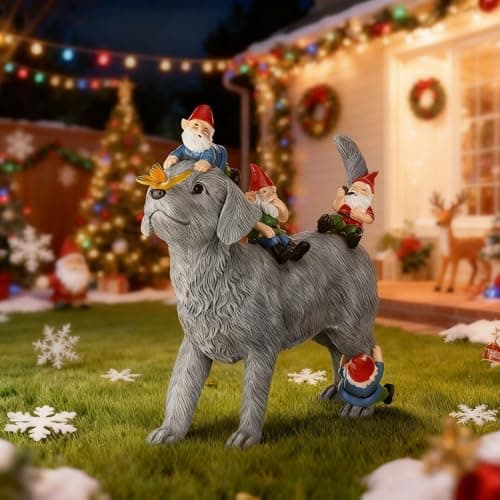 Dog and Gnome Garden Statues for Outside Decor with Butterfly Funny Christmas Yard Decorations Home Indoor Outdoor Patio Lawn Ornaments Christmas Housewarming Gifts for Women Mom Grandma, 10.62 Inch