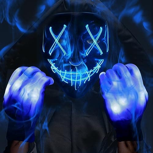 Max Fun Halloween Mask Glowing Gloves for Halloween Costume Cosplay Light Up Scary Masks with 3 Lighting Modes Cosplay Lighted Face Masks for Halloween Parties Masquerade Party(Blue)