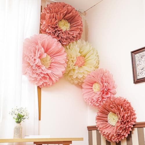 Chunful 5 Pcs Gaint Boho Tissue Paper Flowers Decoration 30'' and 24'' Hanging Tissue Paper Pom Poms Decor for Boho Birthday Bachelorette Wedding Baby Shower Bridal Shower Party Decoration