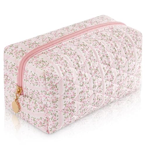 UUYUUY Makeup Bag Travel Toiletry Bag for Women, Small Cosmetic Bags Cute Quilted Cotton Makeup Pouch for Purse Emergency Bag for School Floral Pencil Case Accessory Bag, Pastel Pink