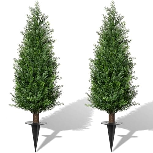 3FT Artificial Cedar Topiary Trees with Ground Spike, Set of 2 UV Resistant Fake Evergreen Bushes Shrubs Trees Artificial Plants Realistic Faux Cypress Plants for Indoor Outdoor Front Porch Garden