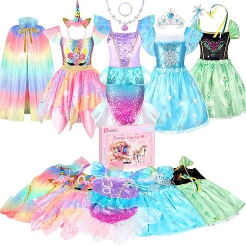 HAMSILY Princess Dress Up Clothes for Little Girls: Princess Costume for Girls Toddler, Unicorn Costume & Mermaid Costume, Girl Toys Age 3 4 5 6 Year Old Girl Birthday Gifts with Cape, Jewelry, etc