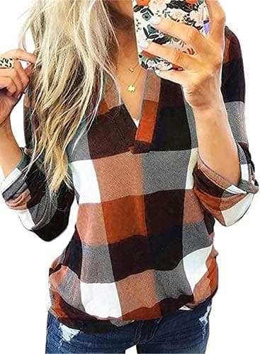 Dokotoo Womens Blouse Spring Summer Fall Fashion Ladies Basic Cotton Cuffed 3/4 Long Sleeve Plaid Print V Neck Work Tops Tunic Blouses Shirts for Women 2024 Business Casual Orange