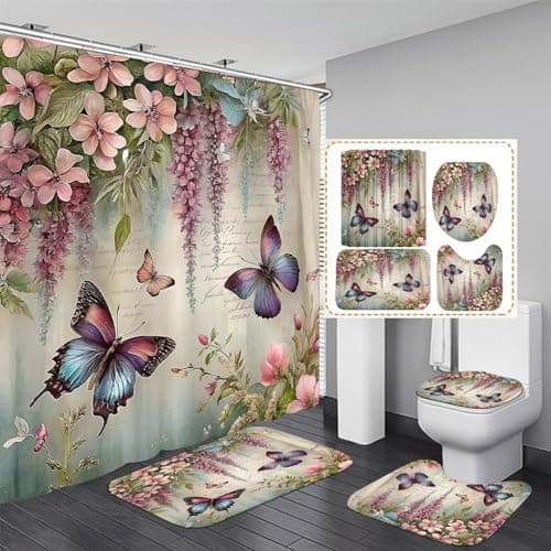 ZLQQ 4Pcs Spring Themed Shower Curtain Set with Rugs Vintage Butterflies Bathroom Sets Floral Shower Curtain with 12 Hooks Bathroom Decor with Rugs Bath Accessories with Mats Toilet Lid Cover