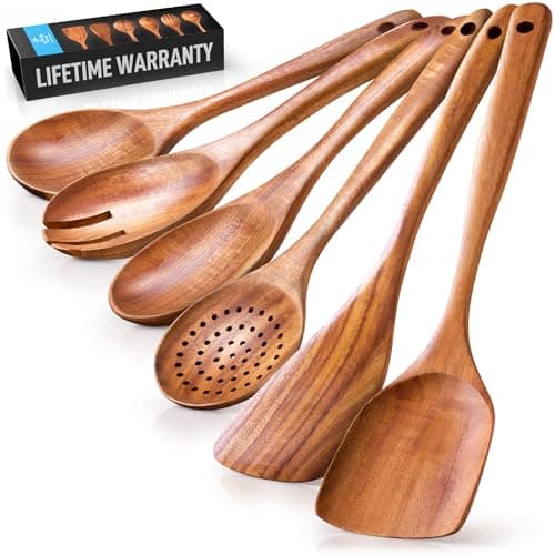 Zulay Kitchen 6-Piece Wooden Spoons for Cooking - Smooth Finish Teak Wooden Utensils for Cooking - Soft Comfort-Grip Wood Spoons for Cooking - Non-Stick Wooden Cooking Utensils - Wooden Spoon Sets