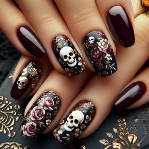 OCOUYVD Halloween Press-on Nails Skull & Flower Designs Full Cover Artificial Fake Nails 24 Pcs